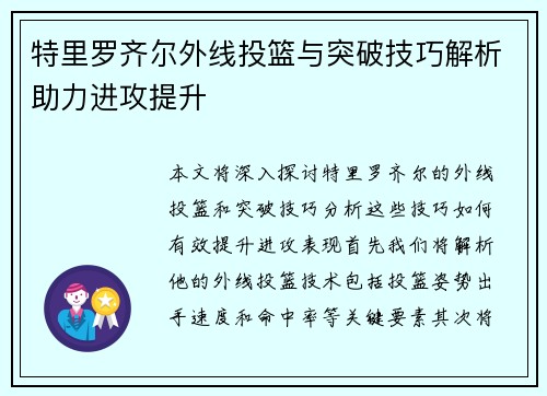 特里罗齐尔外线投篮与突破技巧解析助力进攻提升