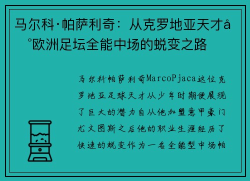 马尔科·帕萨利奇：从克罗地亚天才到欧洲足坛全能中场的蜕变之路